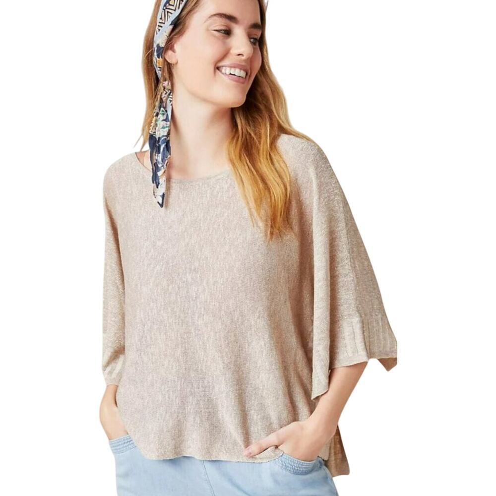 ANTHROPOLOGIE Women’s Alicia Shimmer Gold Tone Poncho Knit Top Medium - Picture 1 of 4